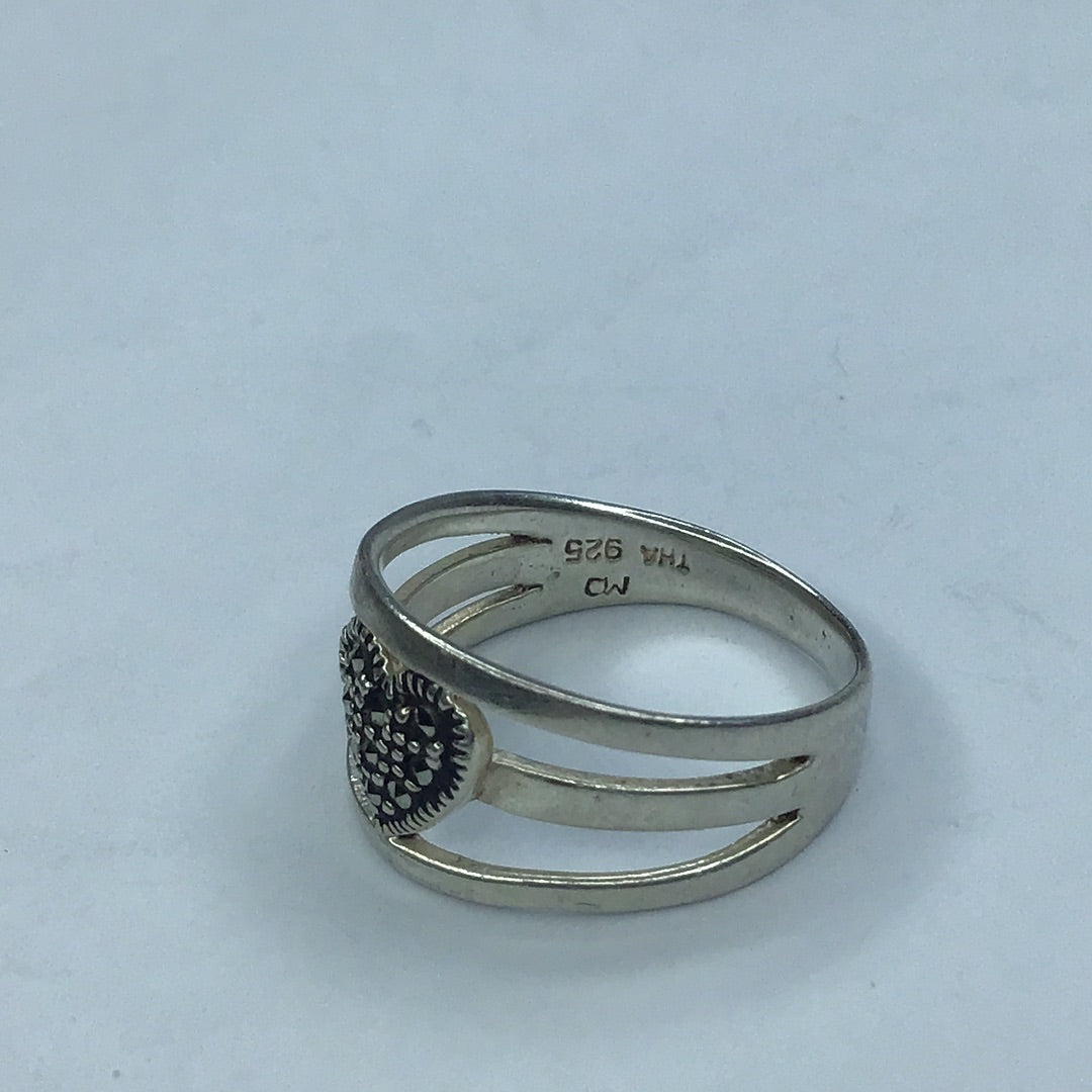 Fine Sterling Silver 925 Wide Band Heart Ring W/ Marcasite Stones Sz. 5.5 - Pawn Man Store