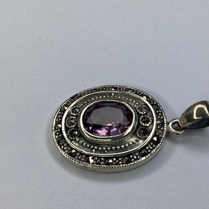 Sterling Silver 925 Amethyst & Marcasite Oval Pendant