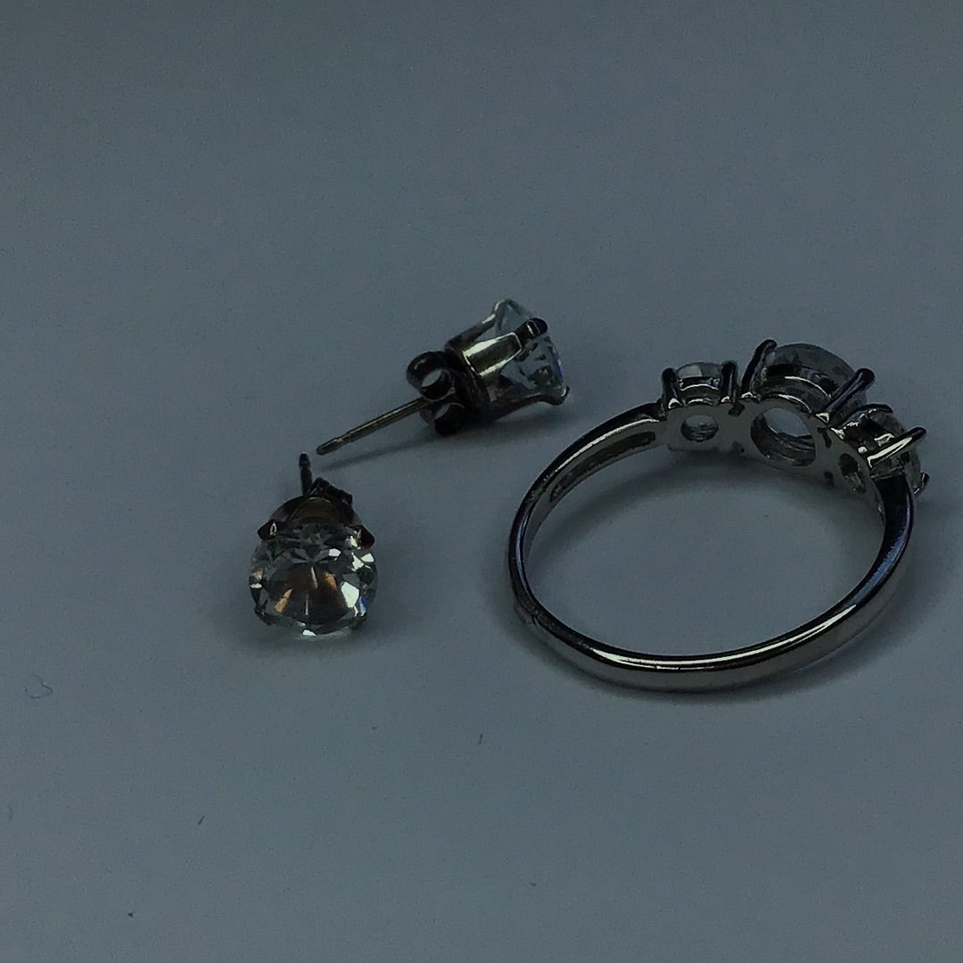 Sterling Silver Ring & Earrings W/White Topaz Gemstones Nickel Free Ring Size 6.5 - Pawn Man Store