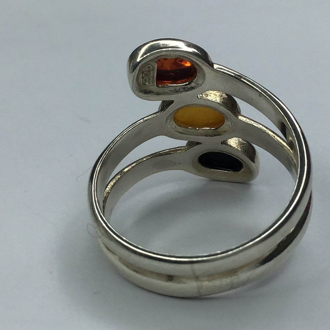 Sterling Silver 925 3 Cabochon Amber Stone Ring Sz. 8