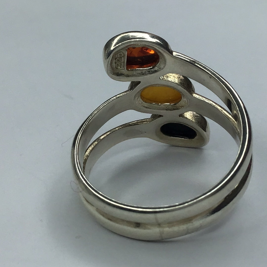 Sterling Silver 925 3 Cabochon Amber Stone Ring Sz. 8 - Pawn Man Store