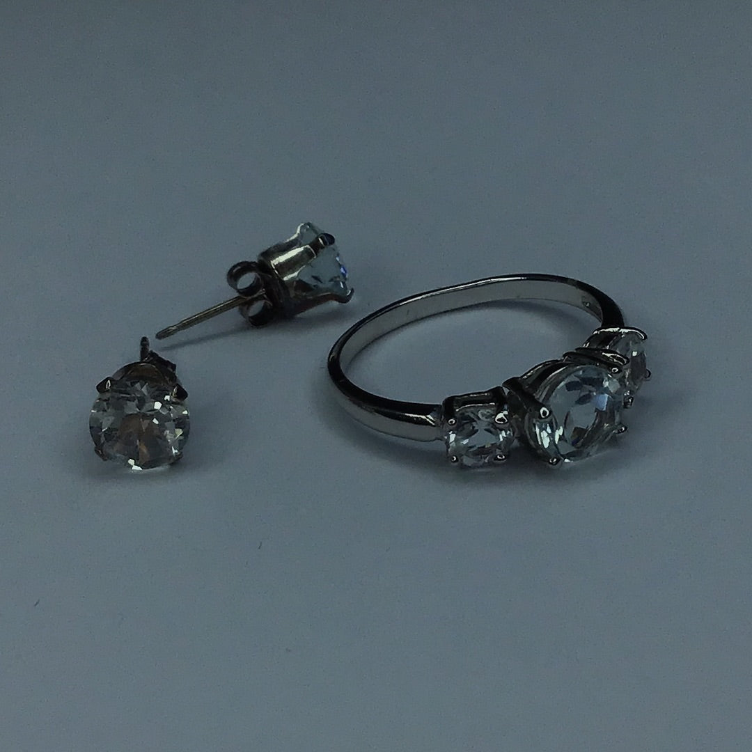 Sterling Silver Ring & Earrings W/White Topaz Gemstones Nickel Free Ring Size 6.5