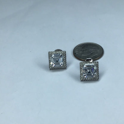 Fine Sterling Silver 925 Square Cubic Zirconia With a Halo Of Round Cubic zirconia Stud Earrings