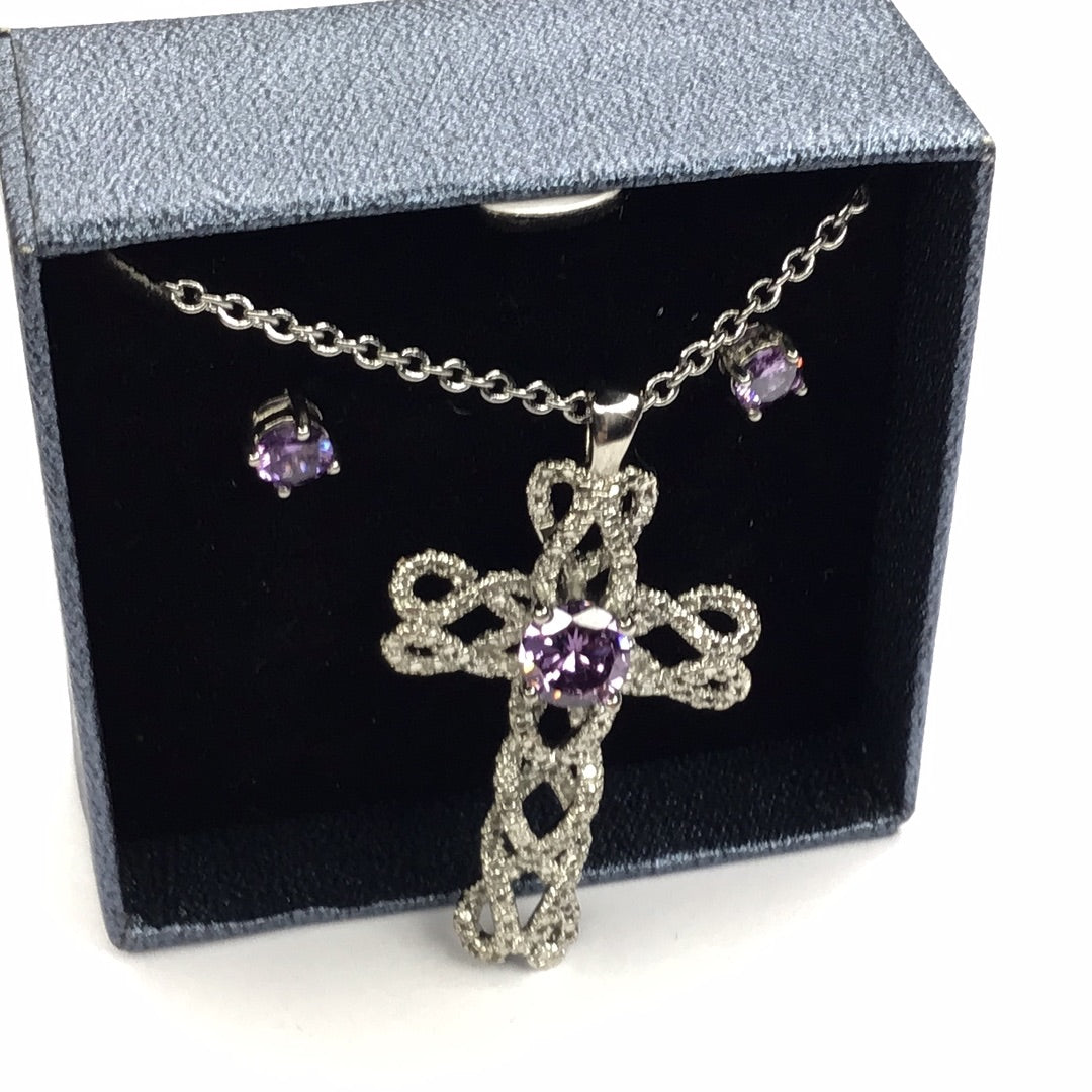 Silver Tone Amethyst Cross Necklace & Stud Earrings New - Pawn Man Store