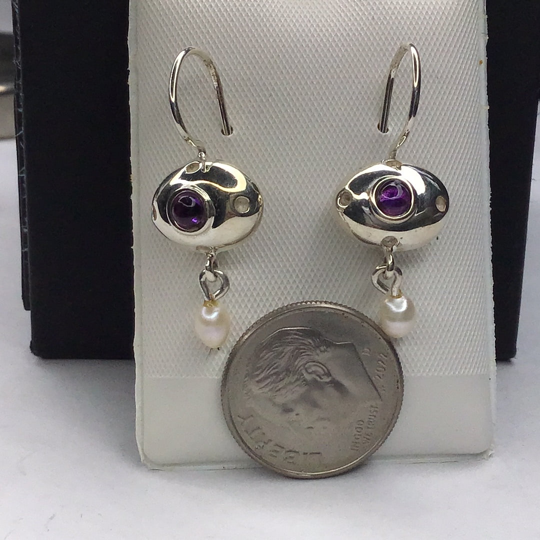 Sterling Silver 925 Cabochon Amethyst & Pearl Wire Dangle Earrings New - Pawn Man Store