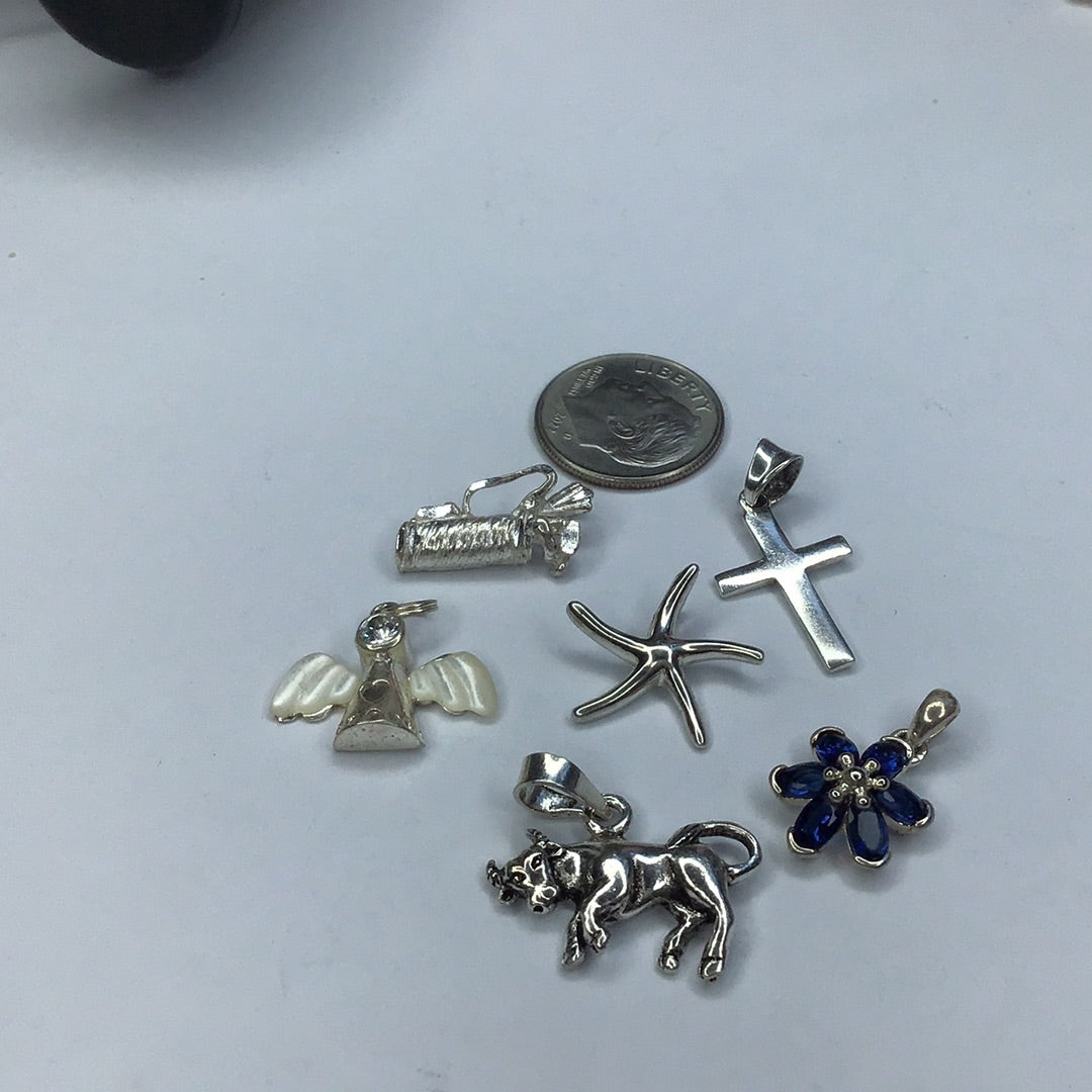Sterling Silver 925 Lot of 6 Charms/Pendants-Angel-Star Fish-Cross-Golf Bag-Blue Stone Flower