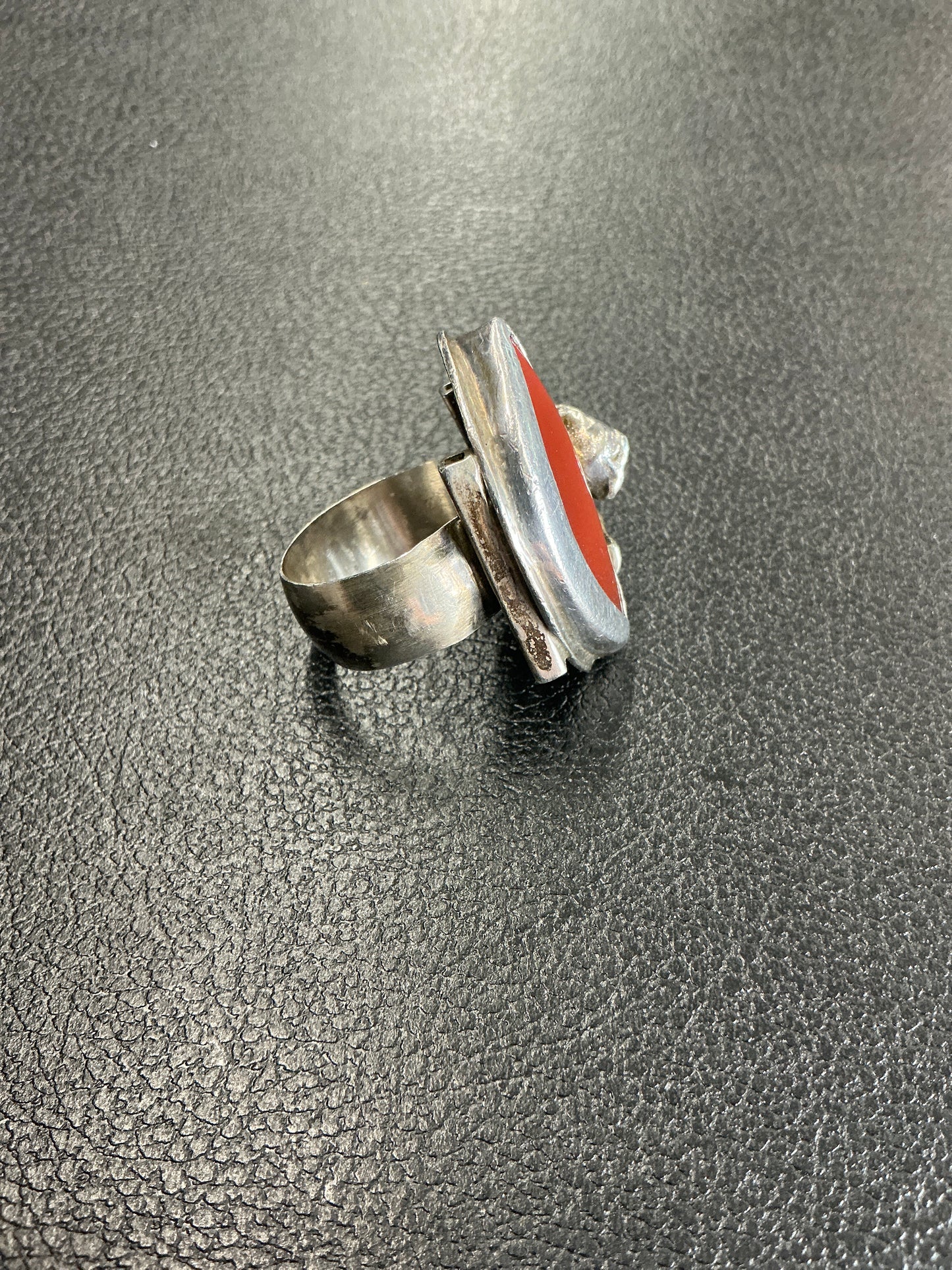 Heavy Vintage 1970s Artist Made Sterling and Carnelian Brutalist Ring Sz. 10.5