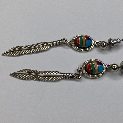 Navajo Sterling Silver Multi Gemstone Inlay Long Feather Earrings