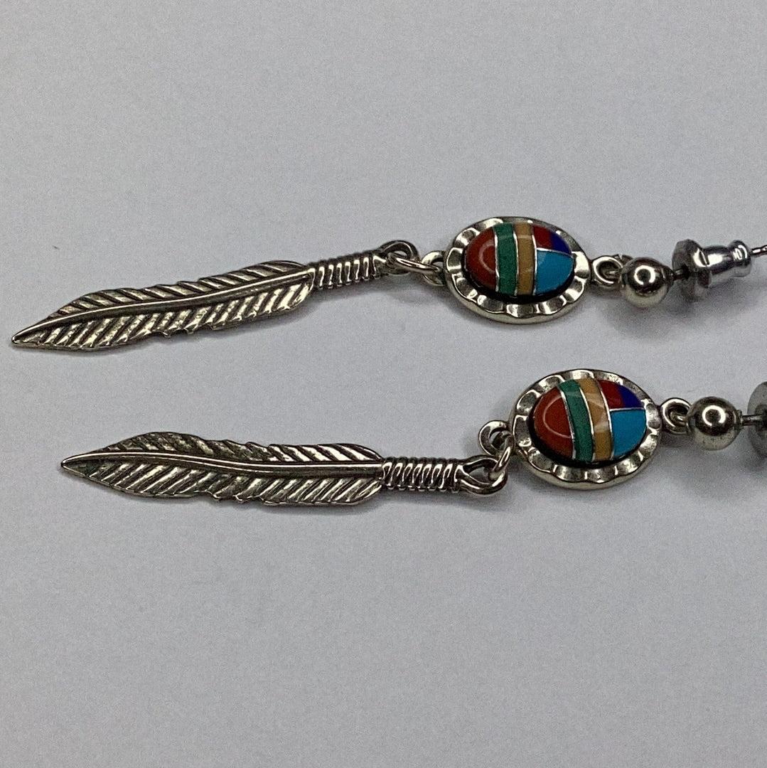 Navajo Sterling Silver Multi Gemstone Inlay Long Feather Earrings - Pawn Man Store