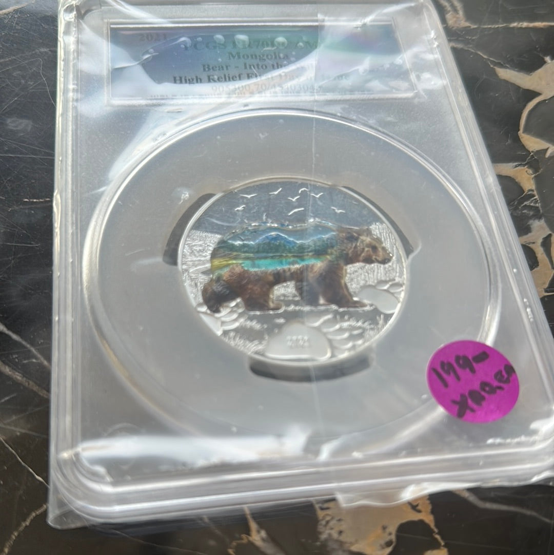 PCGS 2021 PR70DCAM SILVER BANK OF MONGOLIA Bear Into The Wild First Day Issue High Relief big slab