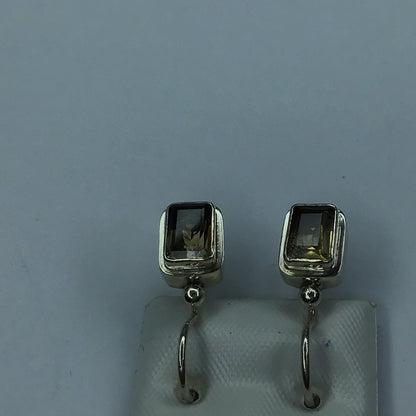 Fine Sterling Silver 925 Rectangular Bezel Set Lemon Citrine Wire Dangle Drop Earrings