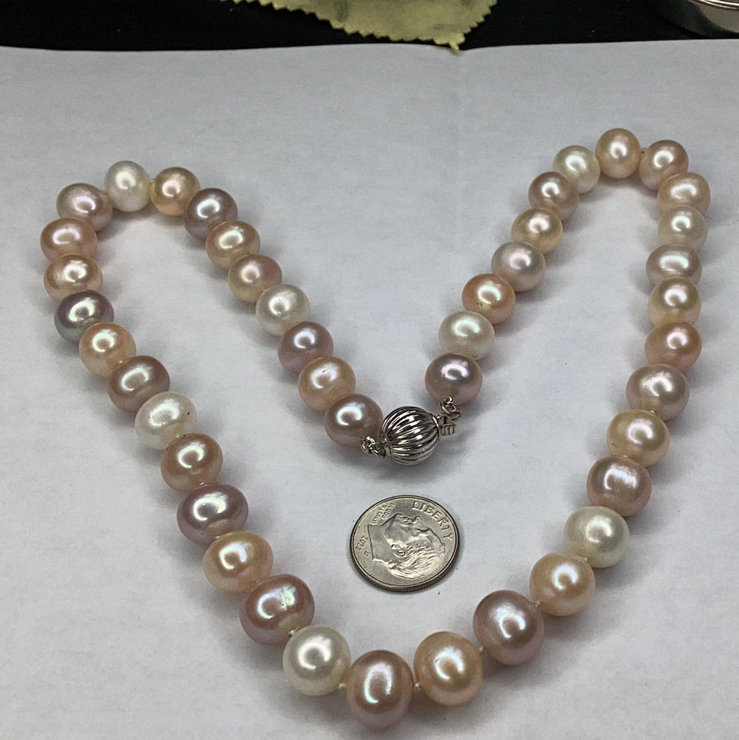 Freshwater Pearl Strand Necklace, Pastel Colors, 11X10mm, With Sterling Silver Clasp 19” - Pawn Man Store