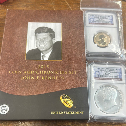 2015 JFK COIN AND CHRONICLES SET NGC 2 coin MS69 1 oz .999 Silver Medal + Reverse Pf 68 $1