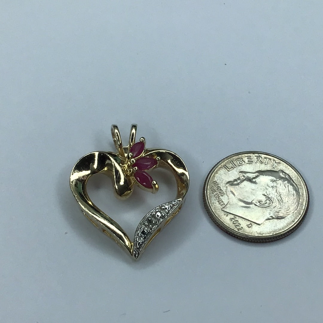 Yellow Gold Over Sterling Silver 925 Heart Pendant W/3 Genuine Rubies & 1 Diamond