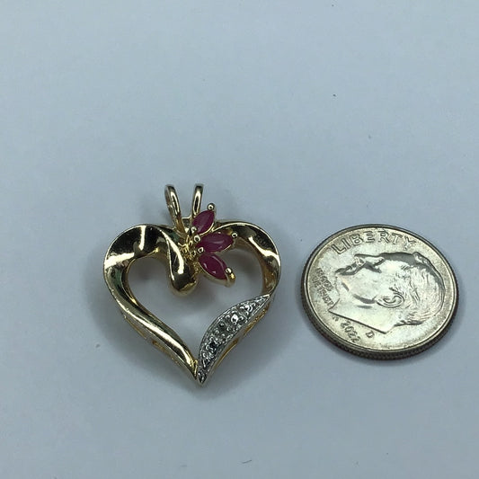 Yellow Gold Over Sterling Silver 925 Heart Pendant W/3 Genuine Rubies & 1 Diamond - Pawn Man Store