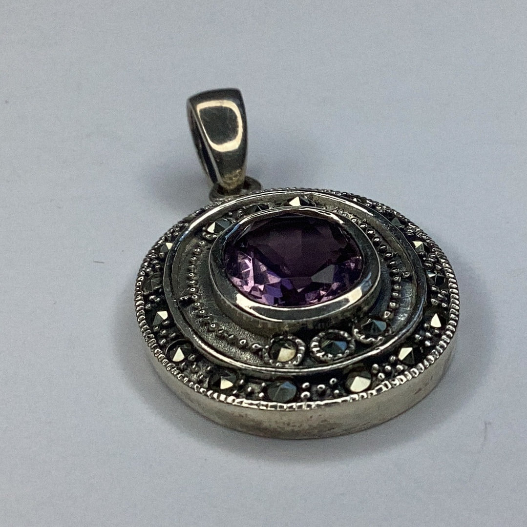 Sterling Silver 925 Amethyst & Marcasite Oval Pendant
