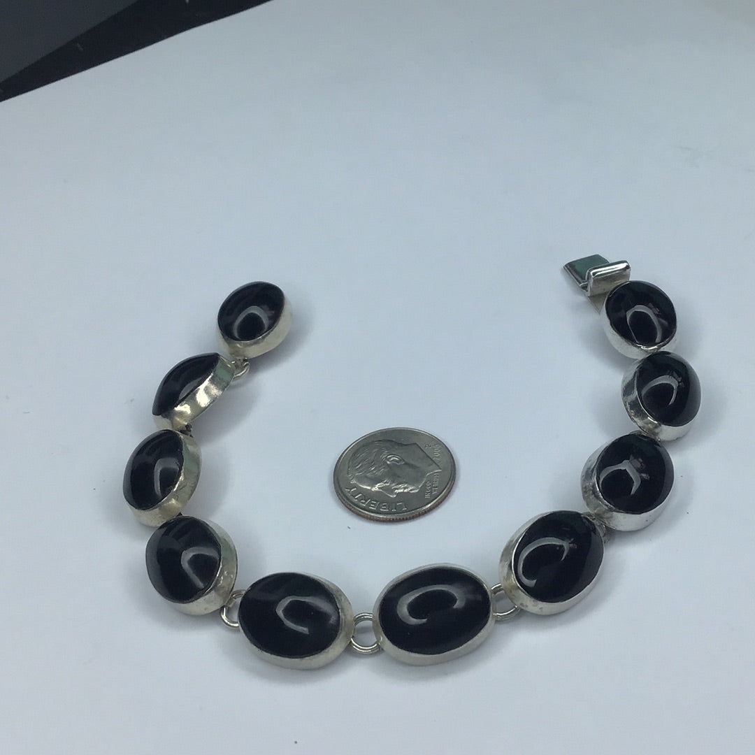 Vintage Mexico Sterling Silver 925 Oval Cabochon Black Onyx Stone Link Bracelet 7”