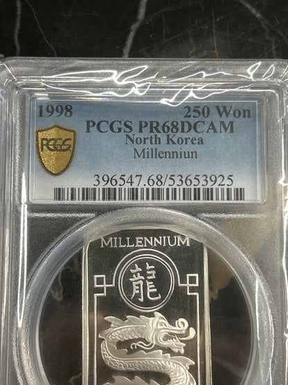 1998 DPRK 250 Won PCGS PR68DCAM Millennium 20g .999 Silver w/ RARE PCGS TYPO