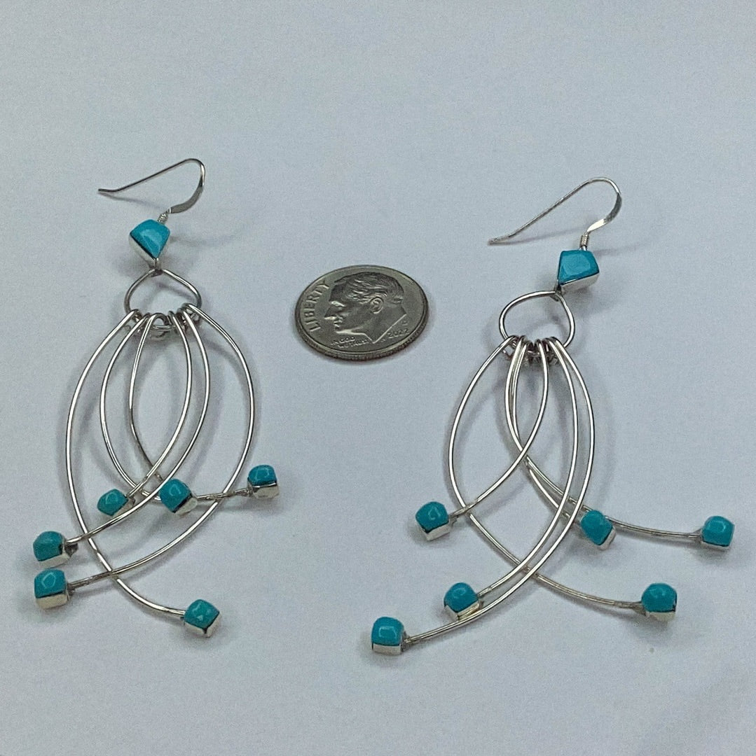 Sterling Silver & Turquoise Wire Long Dangle Earrings - Pawn Man Store