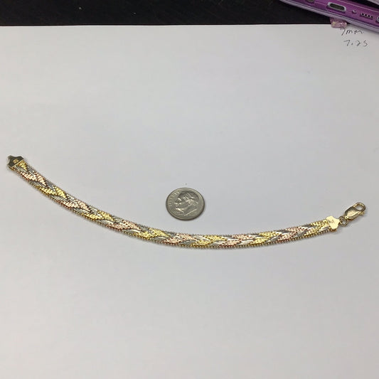 Yellow & Rose Gold Over Sterling Silver 925 7mm Wide Designer Wheat Weave Bracelet 7.25” signed Made In Italy - Pawn Man Store
