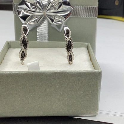 Sterling Silver 925 Black Diamond Hoop Earrings