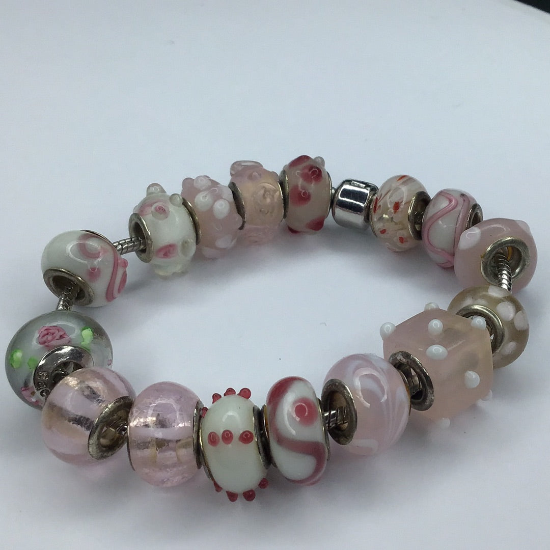 Silver Tone Bracelet w/Multi Colored Pink Glass Charms 7.75” - Pawn Man Store