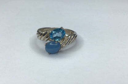 Sterling Silver 925 Blue Topaz & Chalcedony Bypass Ring Sz. 7.5