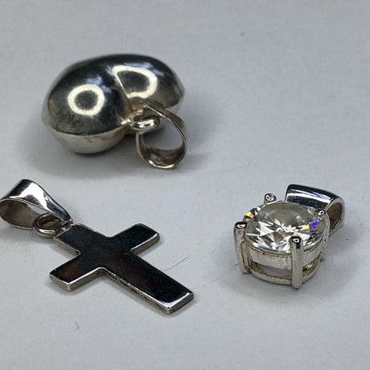 Sterling Silver 925 Lot of 3 Pendants, Puffed Heart, Cross & CZ
