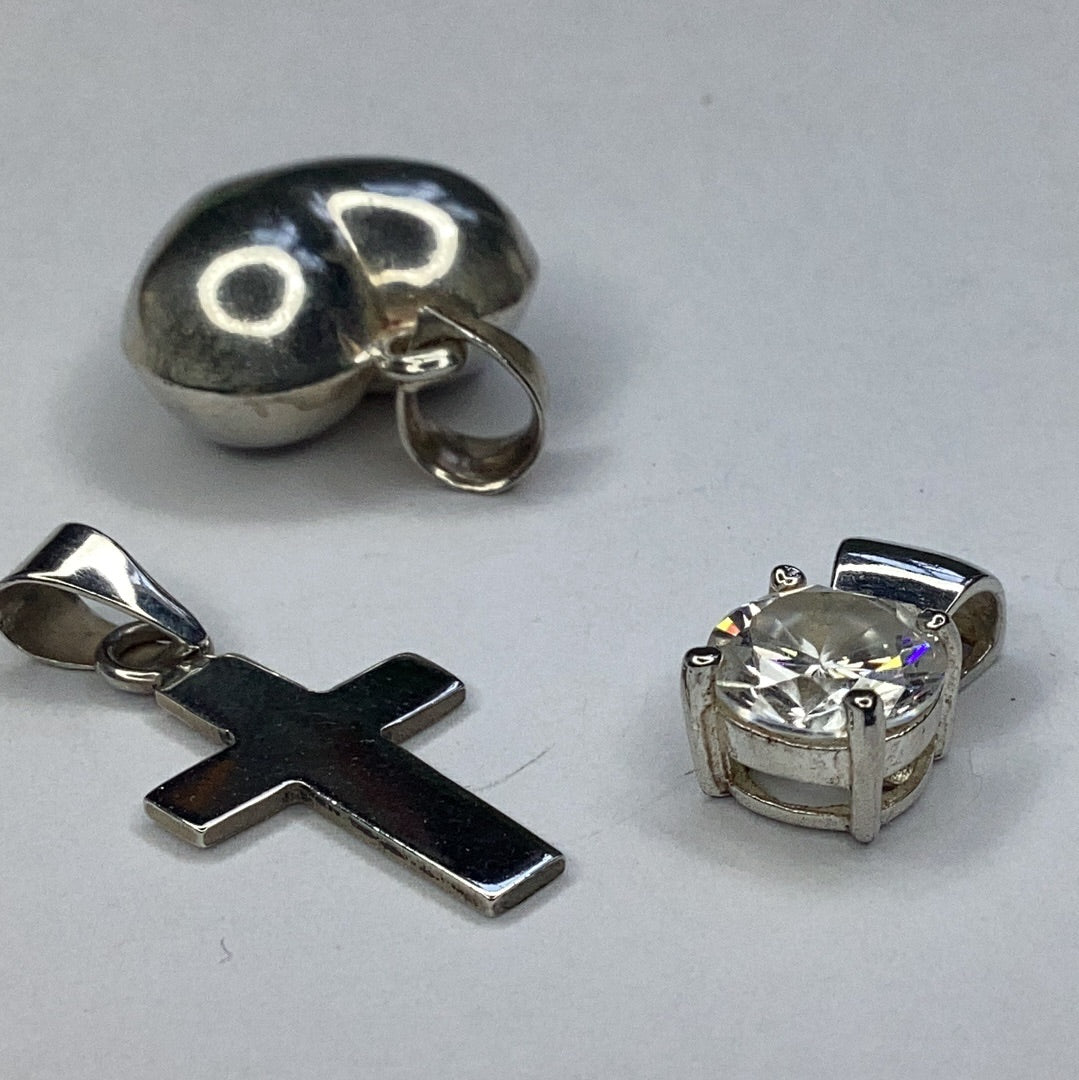 Sterling Silver 925 Lot of 3 Pendants, Puffed Heart, Cross & CZ - Pawn Man Store