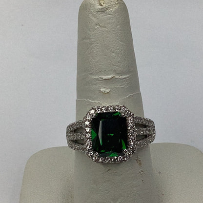 Sterling Silver 925 Green & White Cubic Zirconia Wide Ring sz. 8