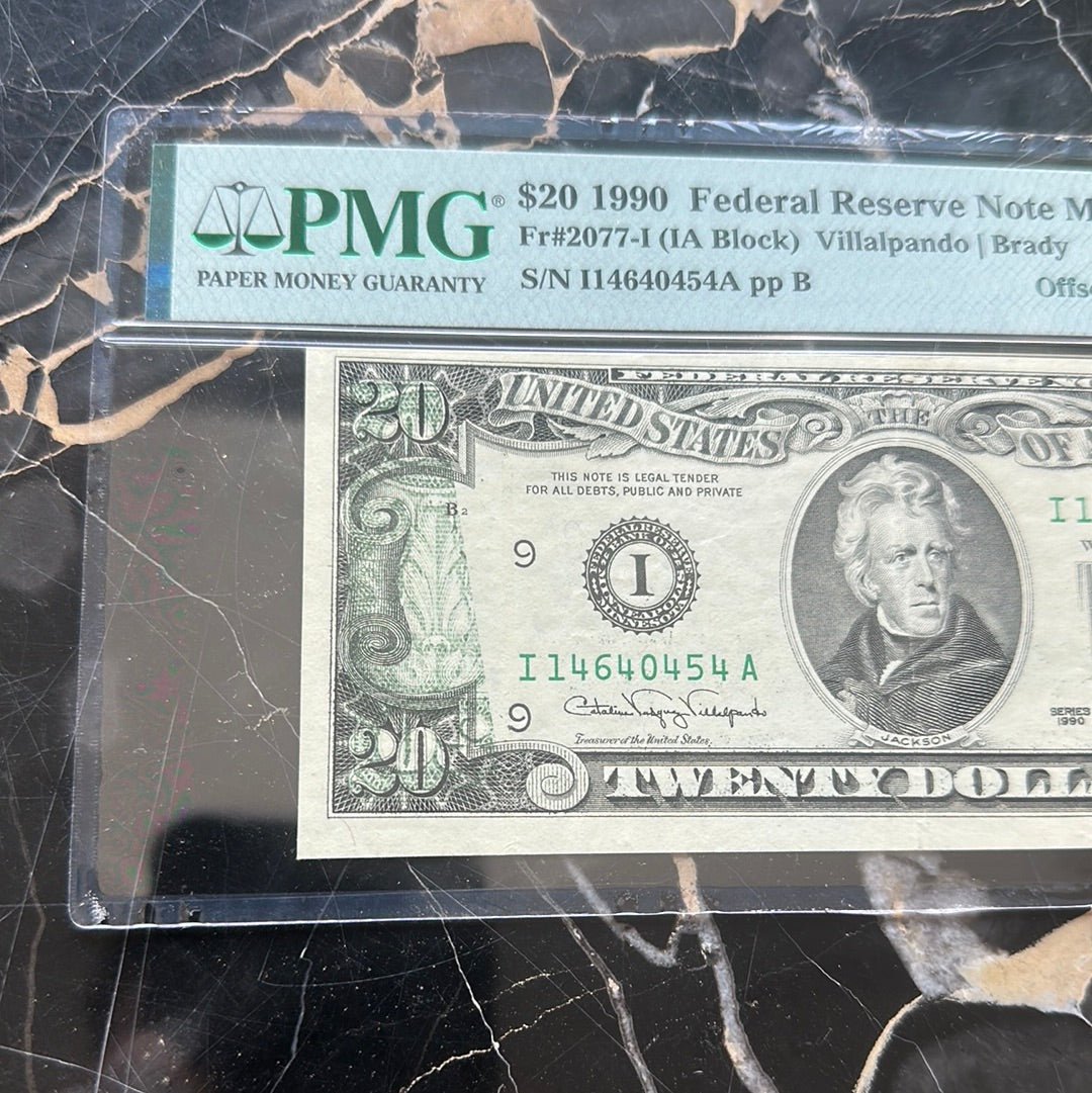 PMG 53 AU 1990 Minneapolis $20 Federal Reserve ERROR OFFSET PRINTING RARE