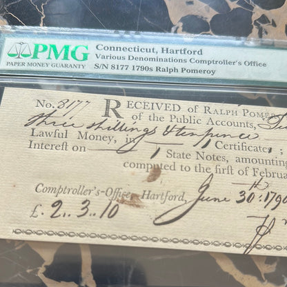 RARE PMG 64 Uncirculated 1790s Hartford, Connecticut comptroller’s office hand signed note