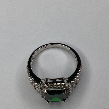 Sterling Silver 925 Green & White Cubic Zirconia Wide Ring sz. 8