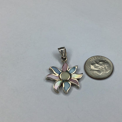 Sterling Silver 925 Multi Colored Mother Of Pearl Sunflower Pendant - Pawn Man Store