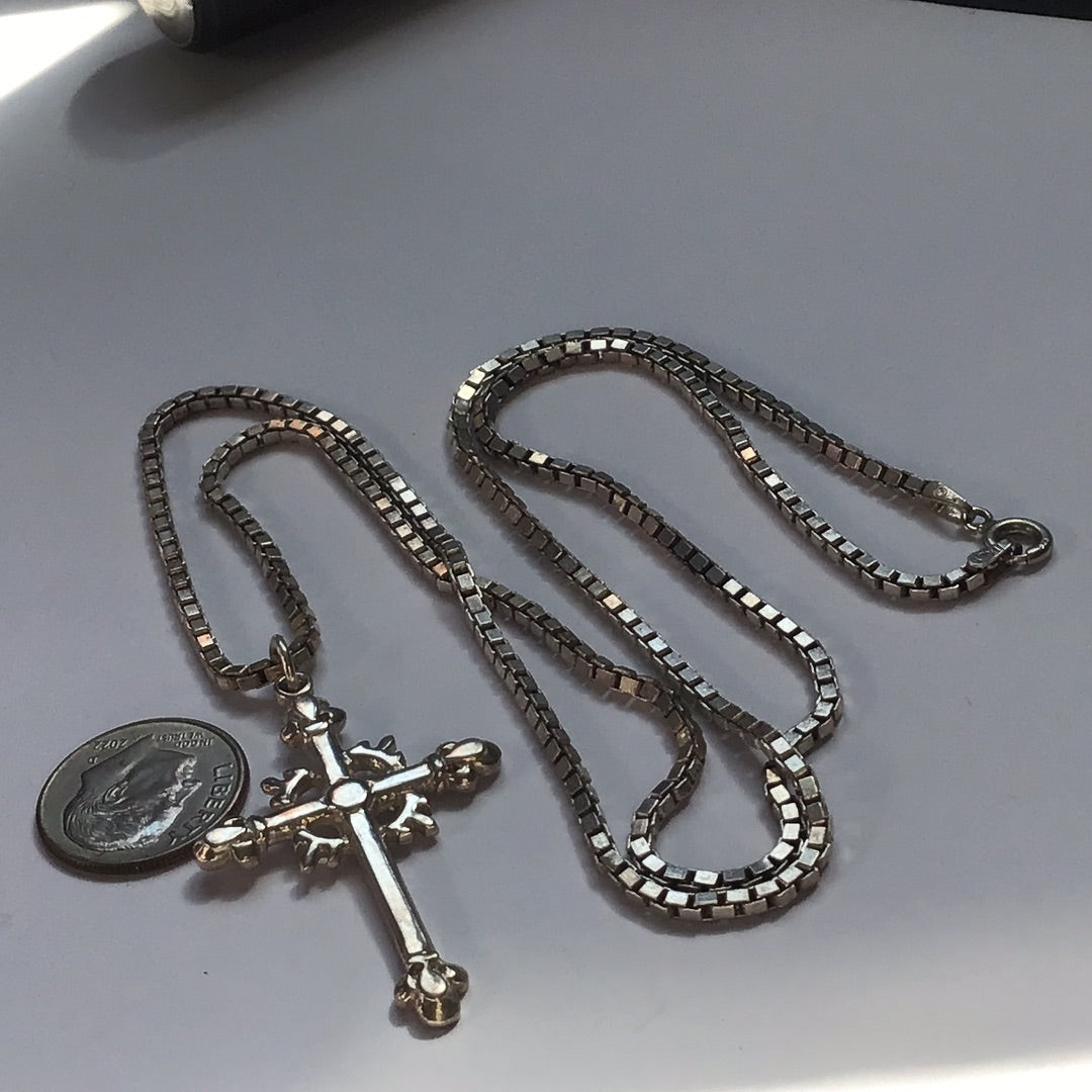 Fine 24” Box Link Chain With Sterling Silver Large Cross Pendant/Necklace - Pawn Man Store