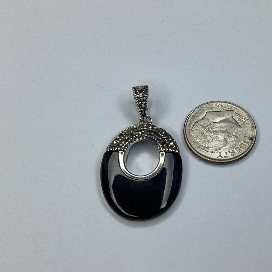 Sterling Silver 925 Black Onyx & Marcasite Oval Pendant - Pawn Man Store