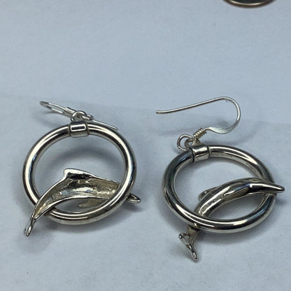 New Sterling Silver 925 Dolphin Circle Wire Drop Earrings