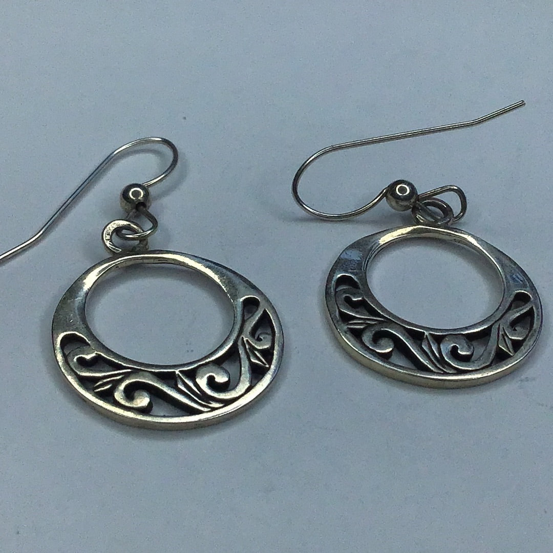 Fine Sterling Silver 925 Circle Cut Outs Wire Dangle Earrings