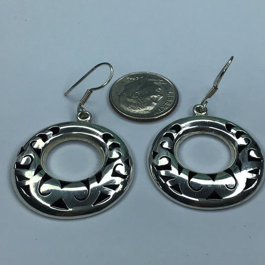 Fine Mexico Sterling Silver 925 Circle Cut Outs Wire Dangle Earrings