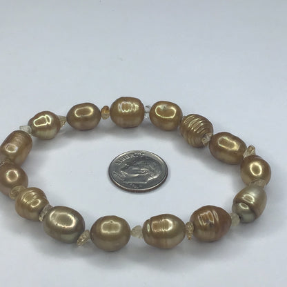 Cultured Freshwater Pearl Stretch Bracelet Beige/Golden Color W/Citrine Bead Stones