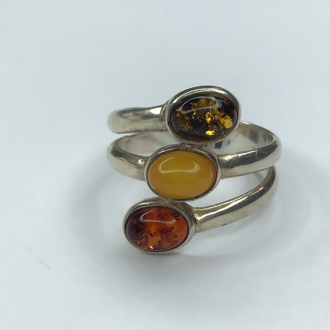 Sterling Silver 925 3 Cabochon Amber Stone Ring Sz. 8 - Pawn Man Store