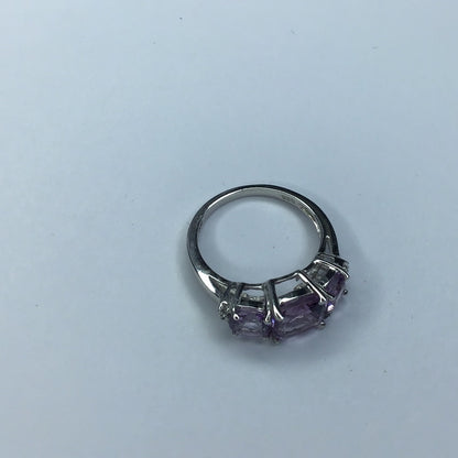 Platinum Over Sterling Silver 925 Three Stone Amethyst Ring Sz. 5