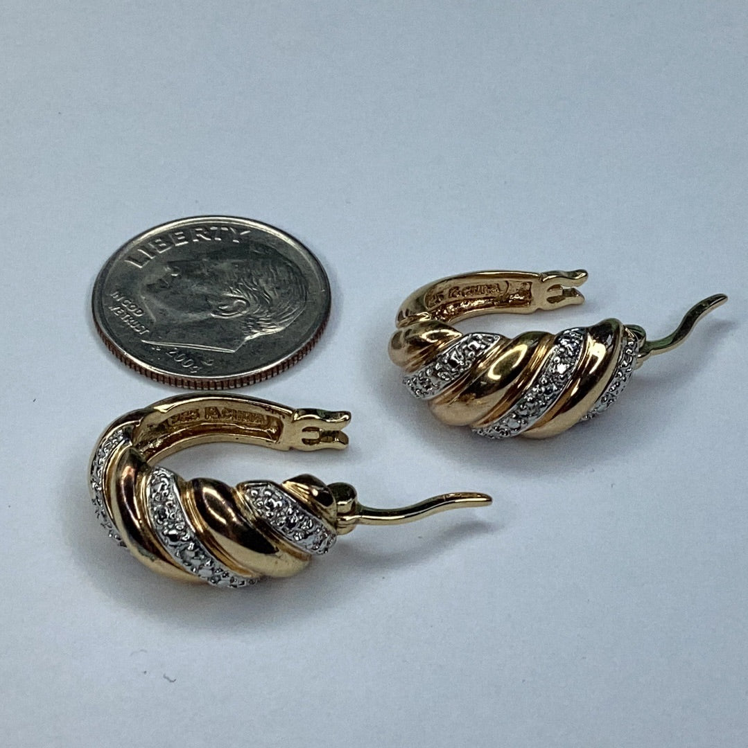 New Yellow Gold Over Sterling Silver 925 Oval Hoop Earrings W/1 Diamond In Each Earring