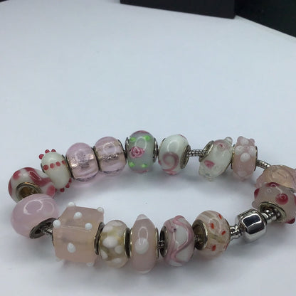 Silver Tone Bracelet w/Multi Colored Pink Glass Charms 7.75”