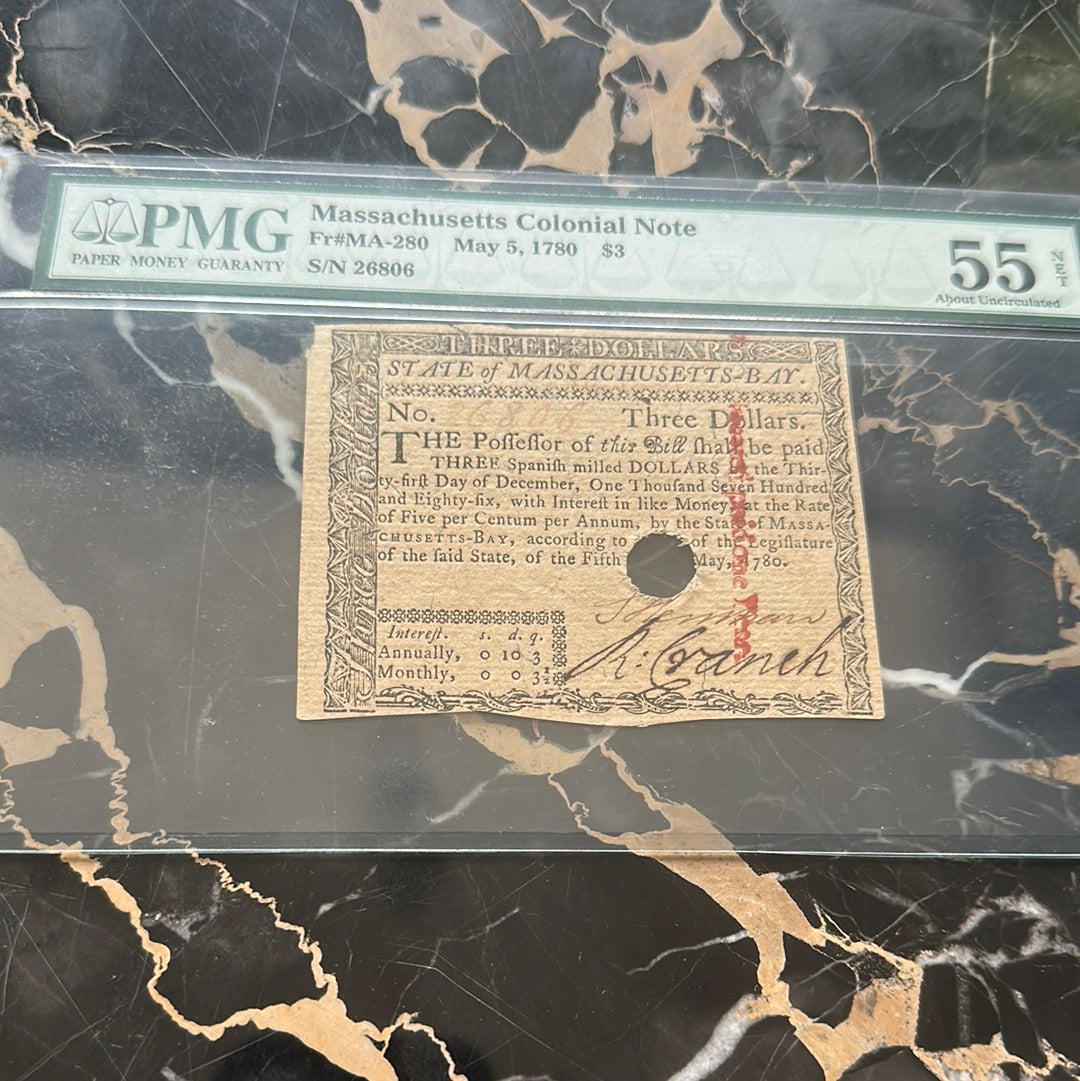 PMG MASSACHUSETTS Colonial Note RARE MAY 5, 1790 PMG 55 ABOUT UNC