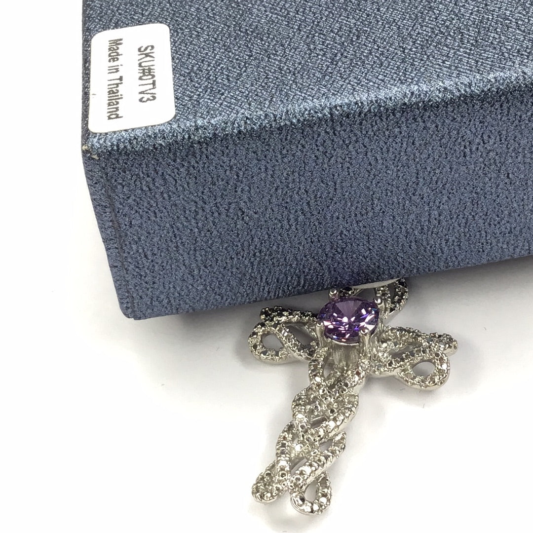 Silver Tone Amethyst Cross Necklace & Stud Earrings New - Pawn Man Store