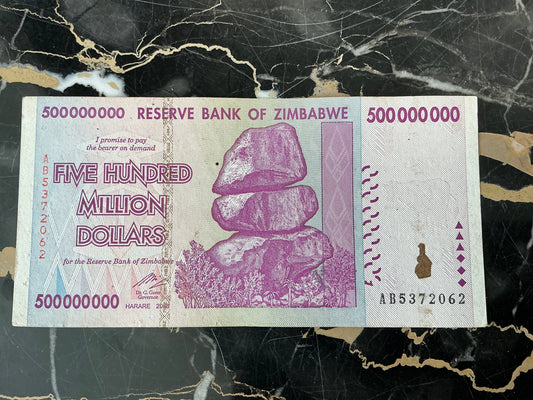Zimbabwe Hyperinflation 500 Million Dollar Note