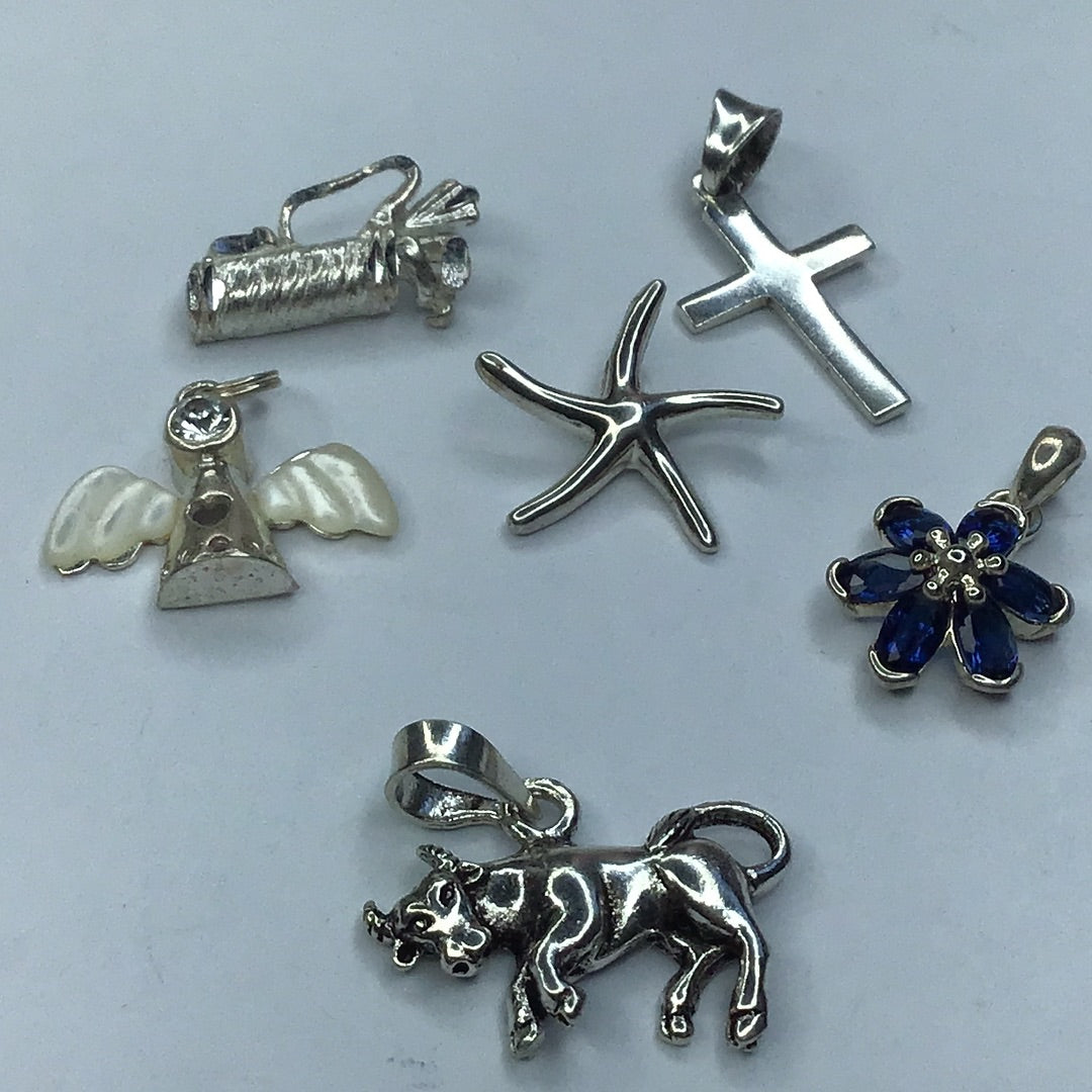 Sterling Silver 925 Lot of 6 Charms/Pendants-Angel-Star Fish-Cross-Golf Bag-Blue Stone Flower