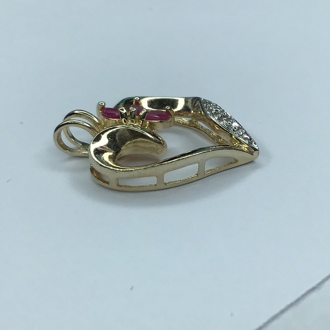 Yellow Gold Over Sterling Silver 925 Heart Pendant W/3 Genuine Rubies & 1 Diamond