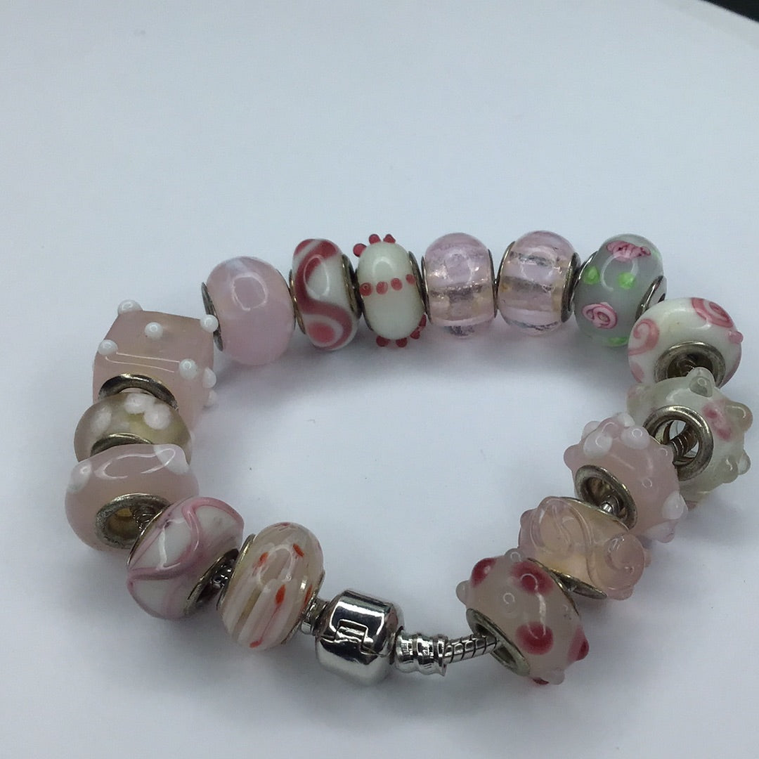 Silver Tone Bracelet w/Multi Colored Pink Glass Charms 7.75” - Pawn Man Store